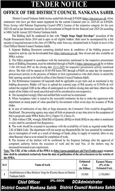 District Council Nankana Sahib Tender Notice